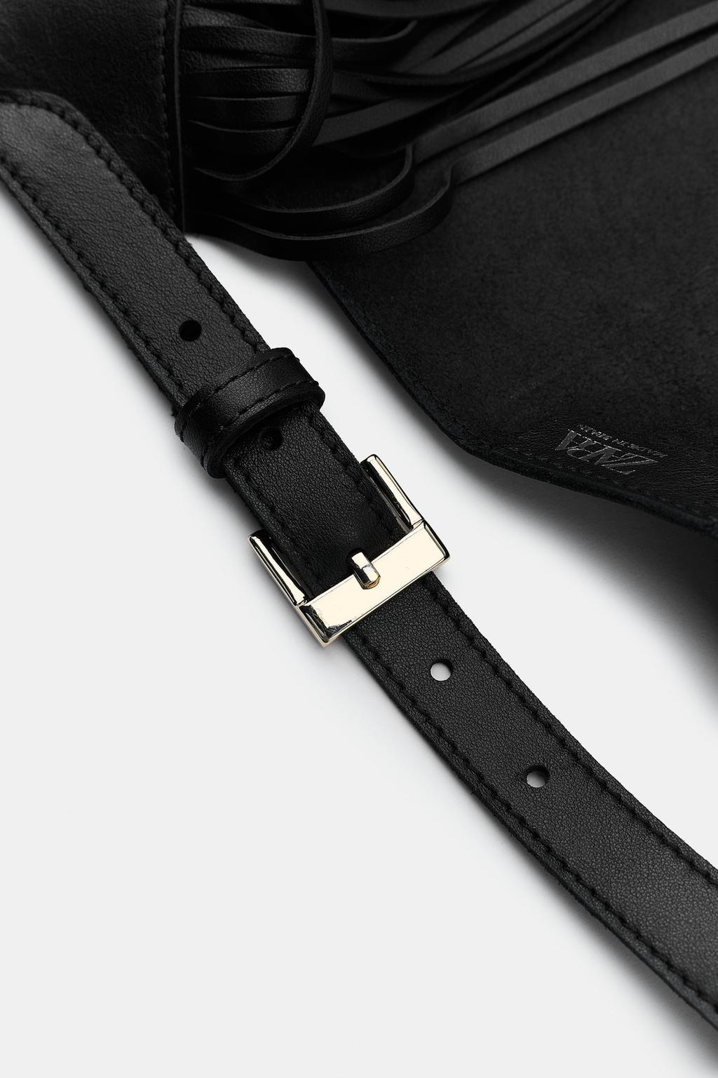 Zara 100% Leather Fringe Scarf Belt - Black