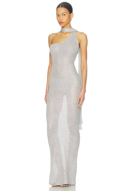 Bananhot Aretha Maxi Dress in Silver Glitter