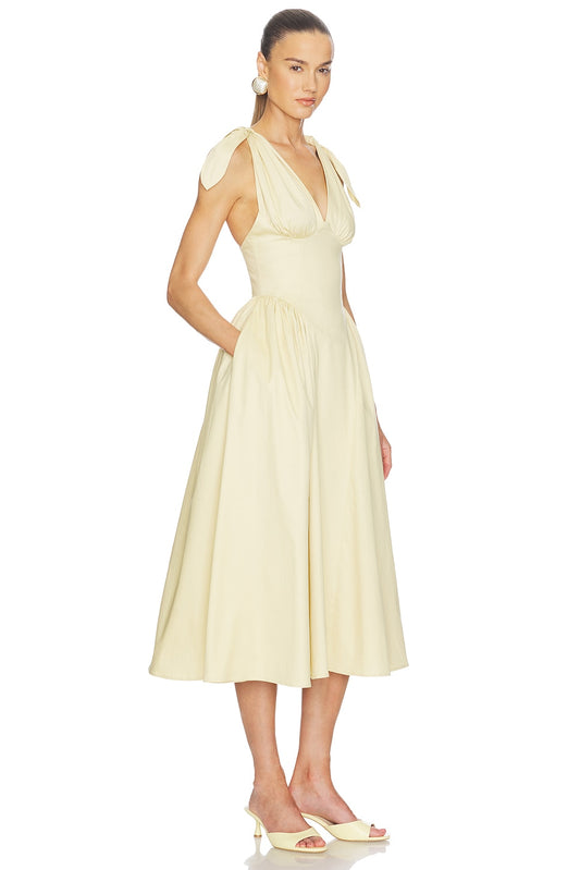 Helsa Fairweather Midi Dress in Stretch Cotton Sateen in Hay