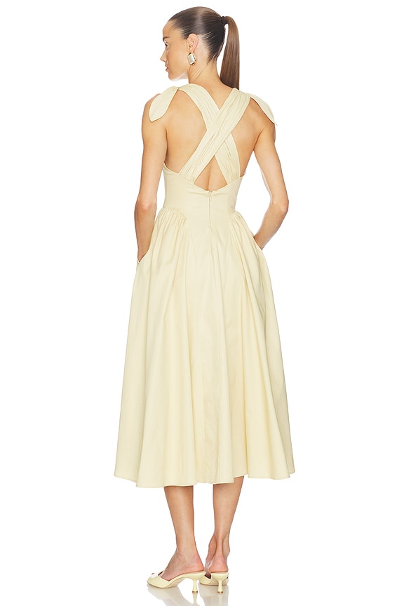 Helsa Fairweather Midi Dress in Stretch Cotton Sateen in Hay