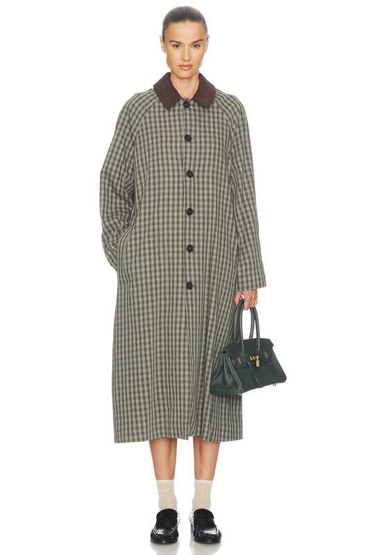Helsa Novelty Trench in Green & Brown Plaid