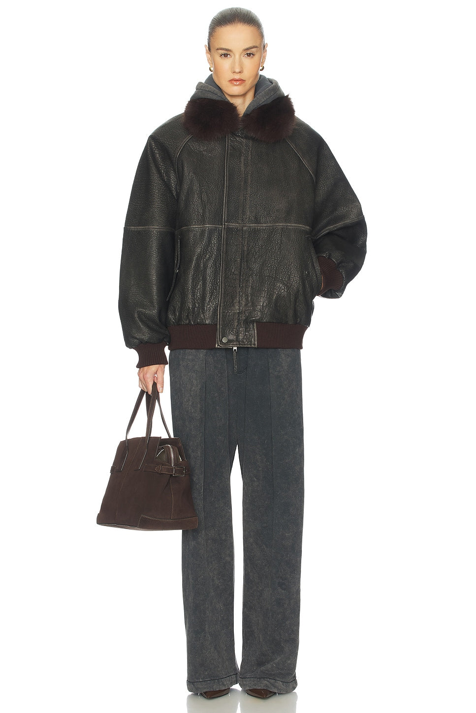 Helsa The Oversized Leather Bomber With Faux Fur Collar