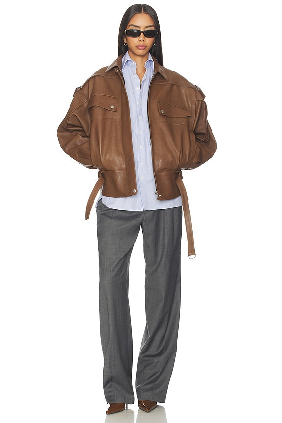 Magda Butrym Belted Leather Bomber Jacket
