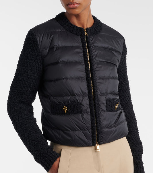 Moncler Down-paneled bouclé-trimmed zip-up cardigan