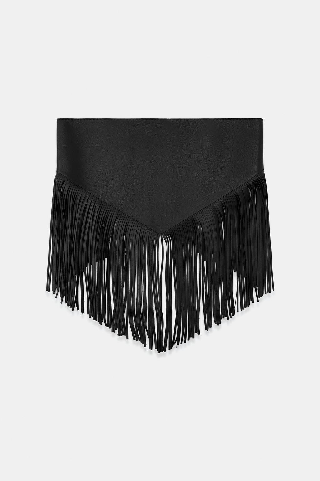Zara 100% Leather Fringe Scarf Belt - Black