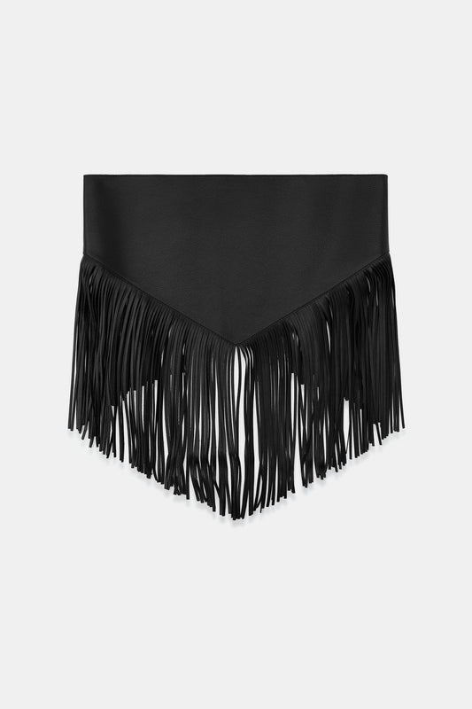 Zara 100% Leather Fringe Scarf Belt - Black