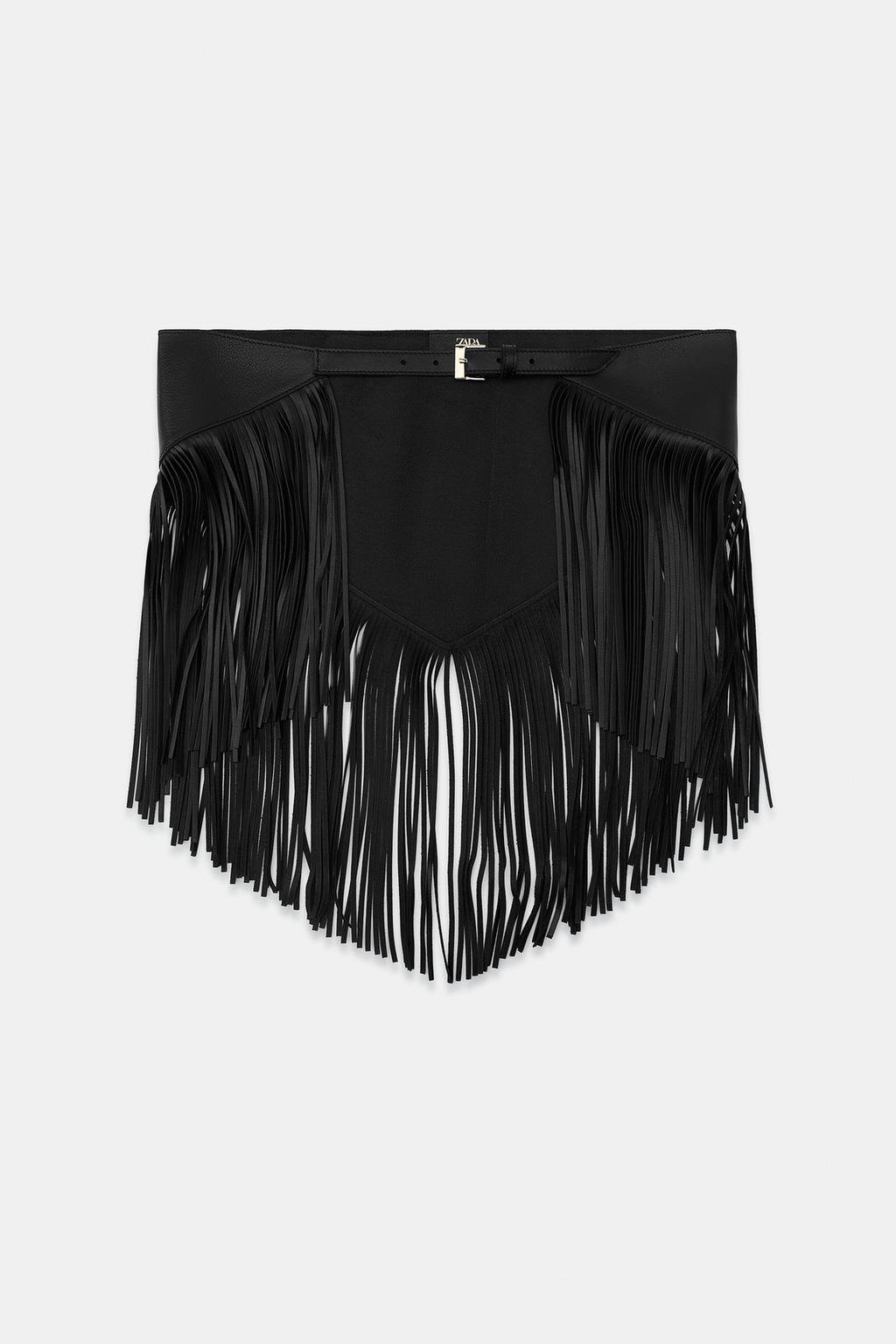 Zara 100% Leather Fringe Scarf Belt - Black