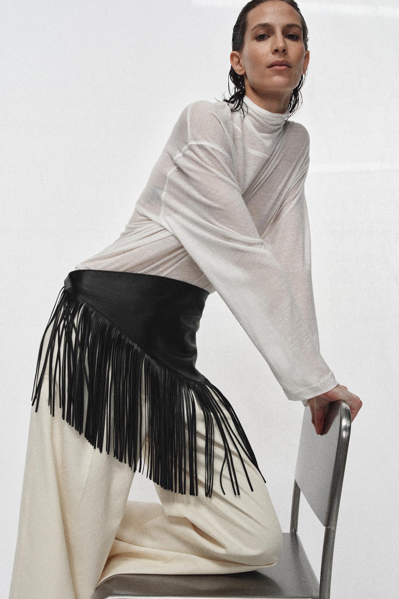 Zara 100% Leather Fringe Scarf Belt - Black