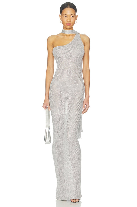 Bananhot Aretha Maxi Dress in Silver Glitter