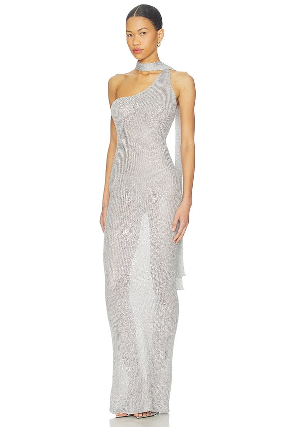 Bananhot Aretha Maxi Dress in Silver Glitter