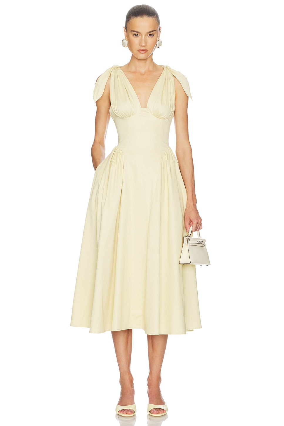 Helsa Fairweather Midi Dress in Stretch Cotton Sateen in Hay