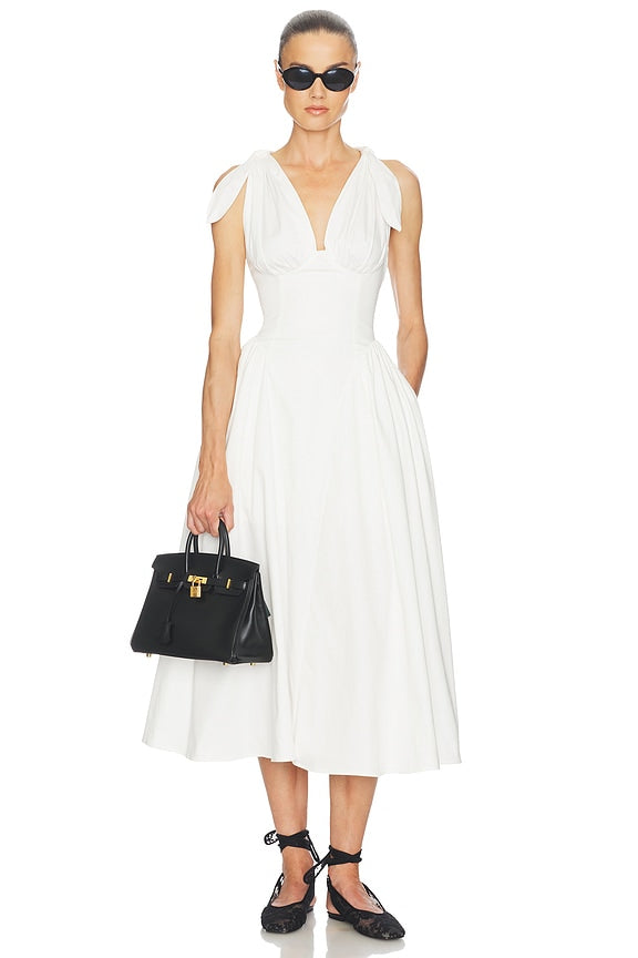 Helsa Fairweather Midi Dress in Stretch Cotton Sateen in Ivory