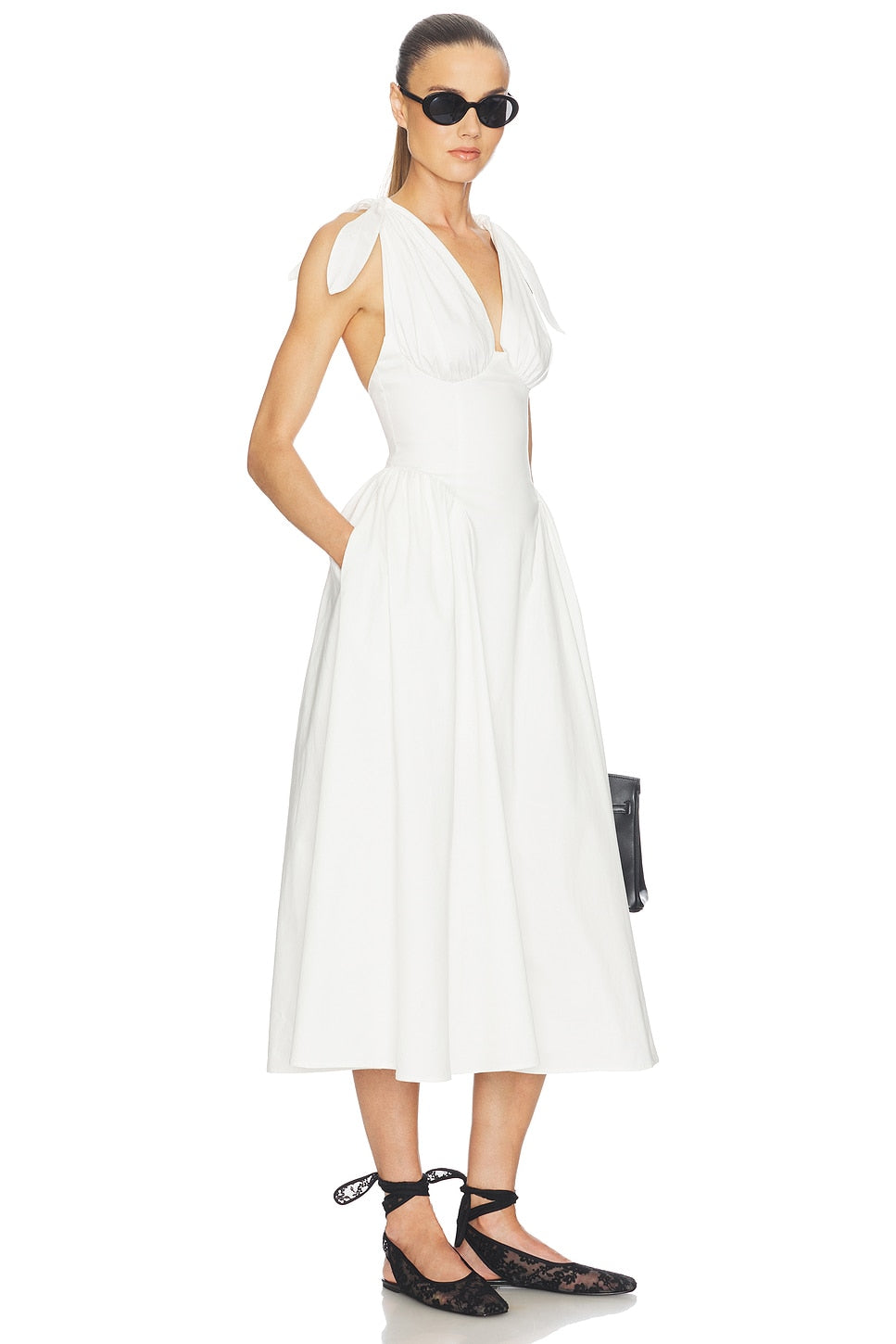 Helsa Fairweather Midi Dress in Stretch Cotton Sateen in Ivory