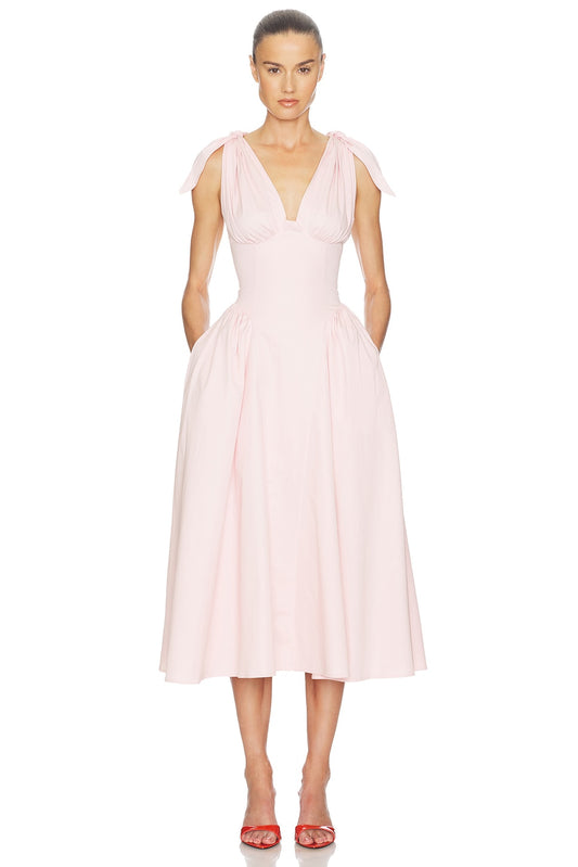 Helsa Fairweather Midi Dress in Stretch Cotton Sateen in Tea Rose