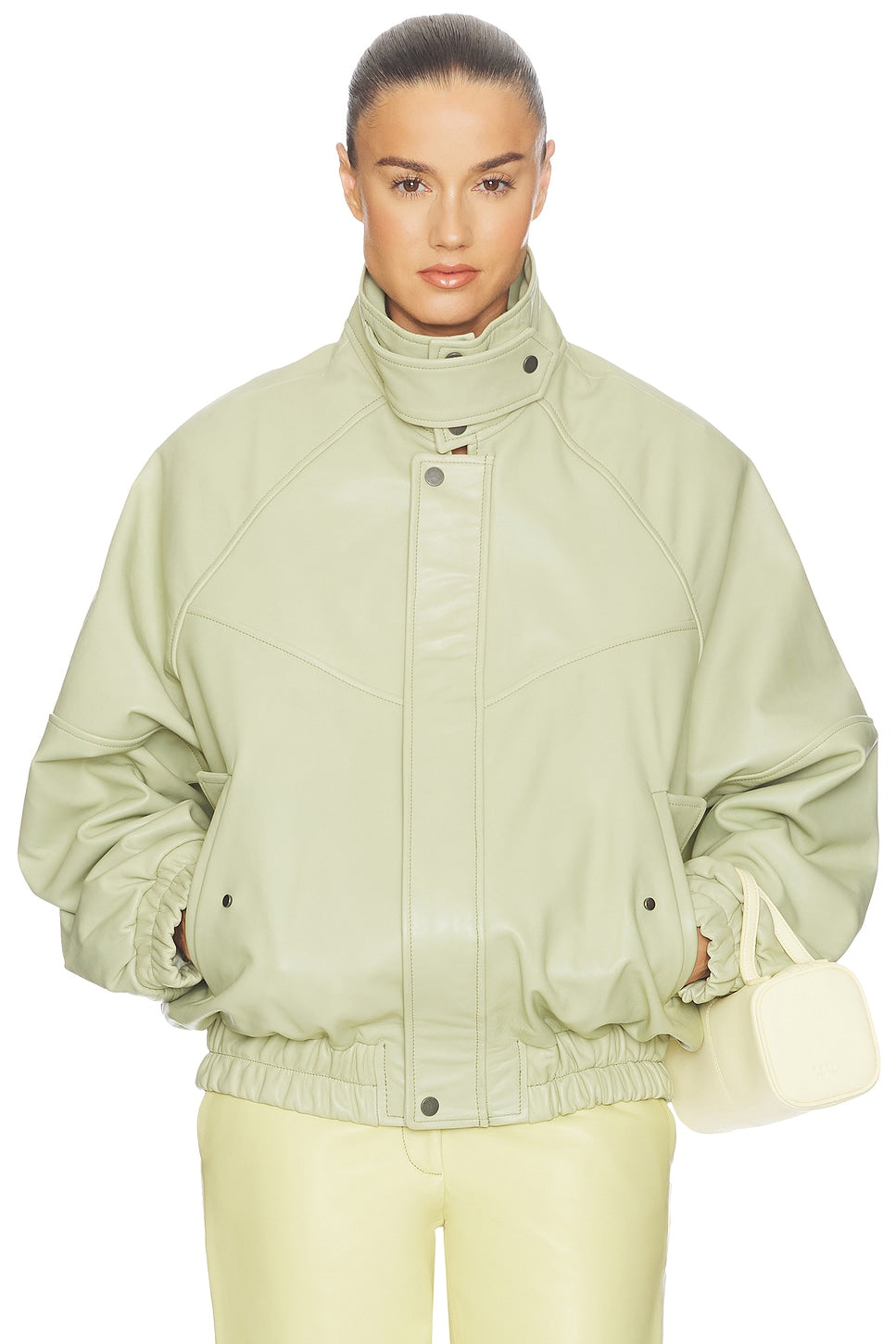 Helsa The Oversized Leather Bomber in Dusty Yellow