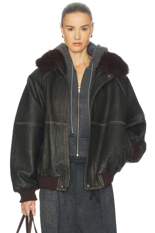 Helsa The Oversized Leather Bomber With Faux Fur Collar