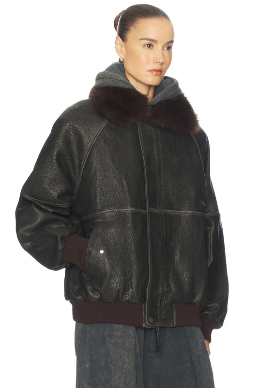 Helsa The Oversized Leather Bomber With Faux Fur Collar
