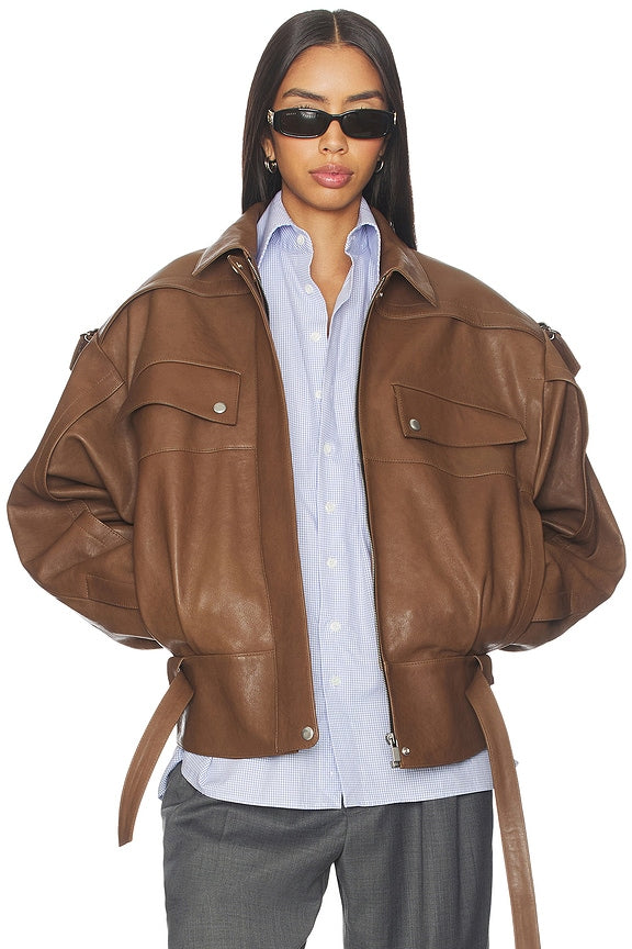 Magda Butrym Belted Leather Bomber Jacket