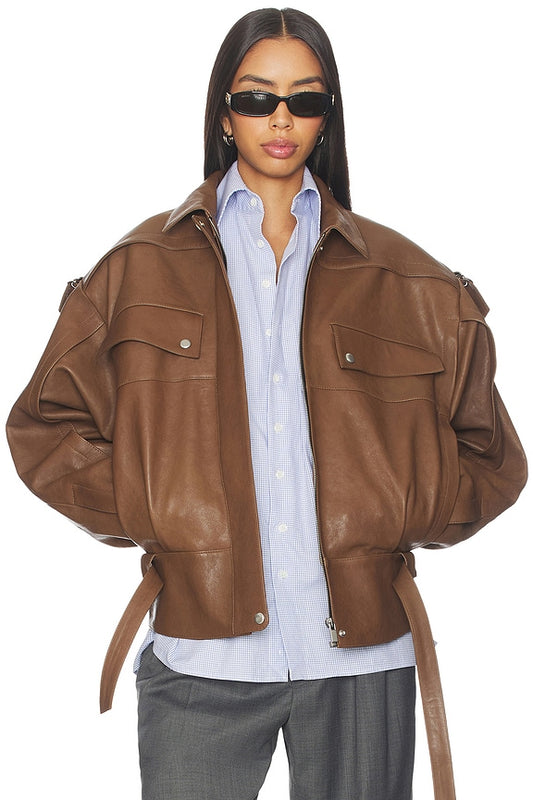 Magda Butrym Belted Leather Bomber Jacket