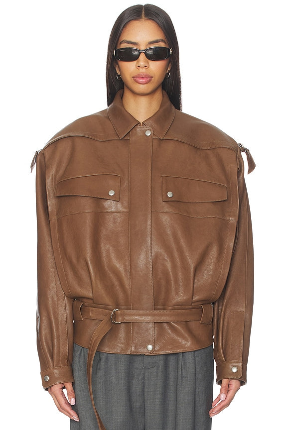 Magda Butrym Belted Leather Bomber Jacket
