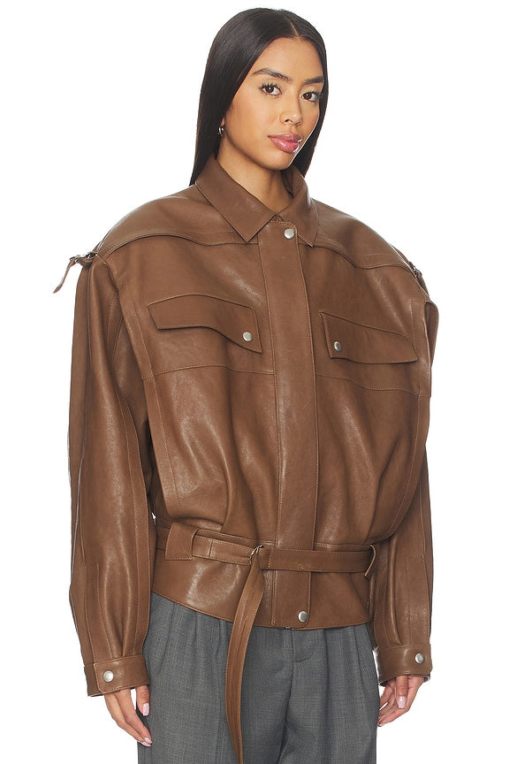 Magda Butrym Belted Leather Bomber Jacket