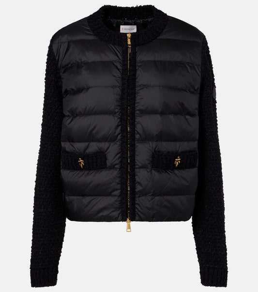 Moncler Down-paneled bouclé-trimmed zip-up cardigan