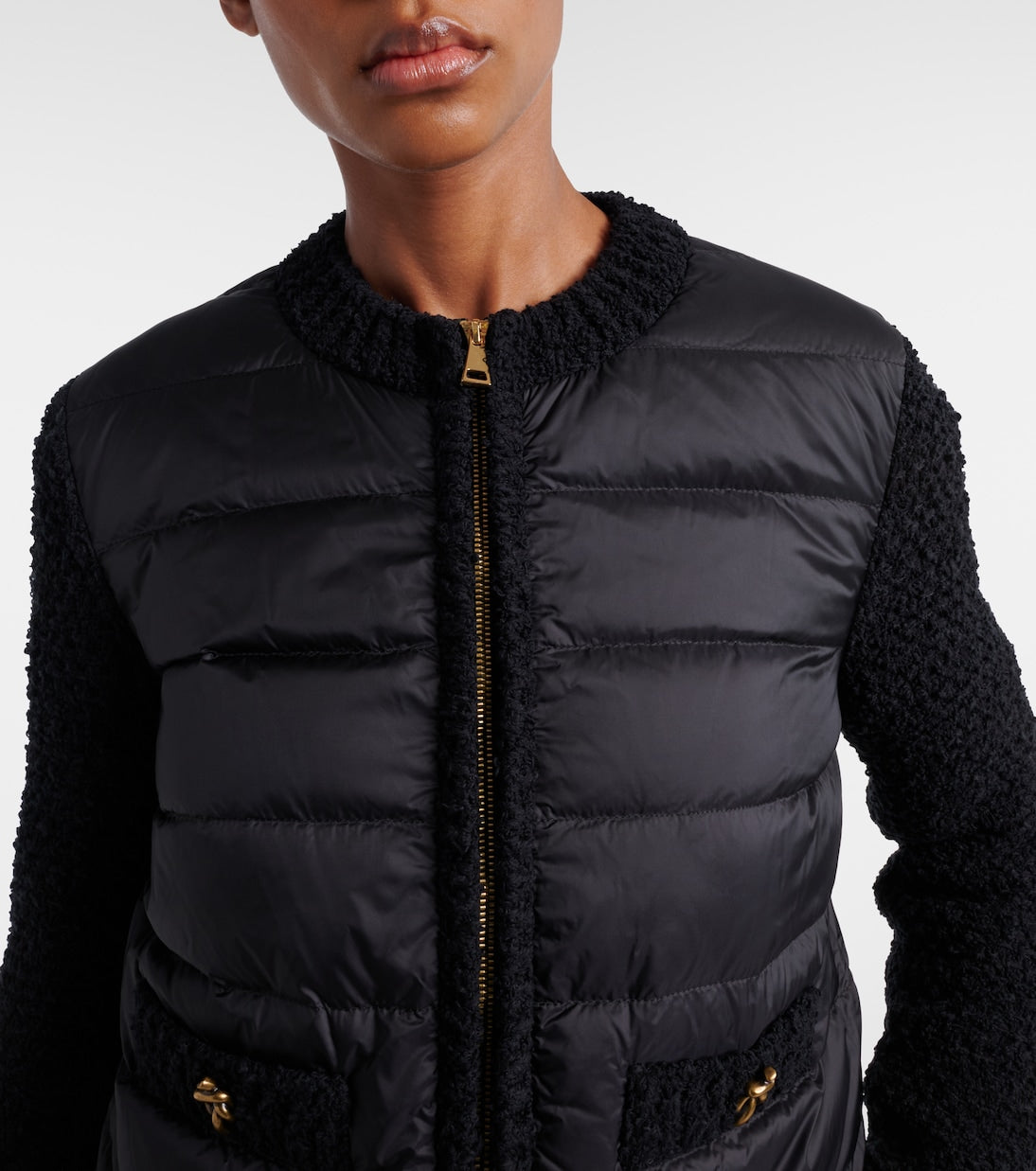 Moncler Down-paneled bouclé-trimmed zip-up cardigan