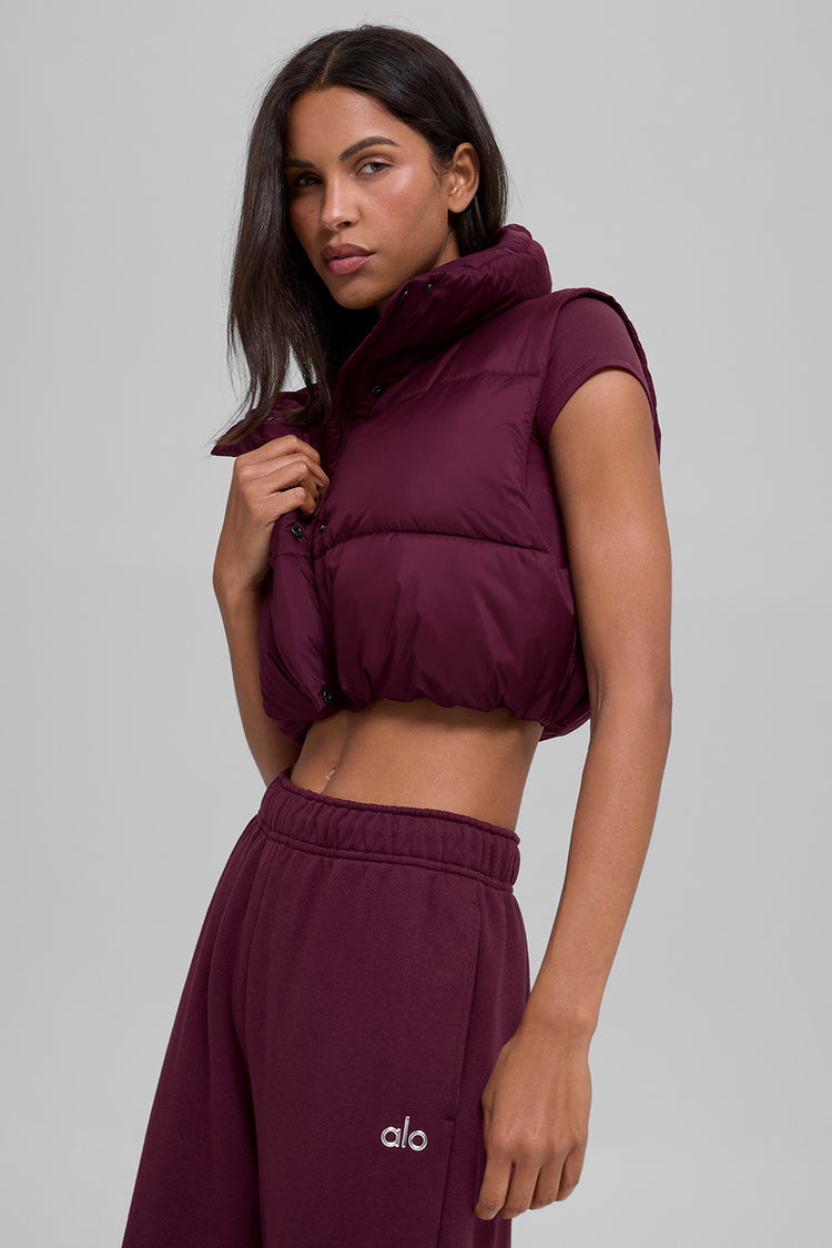 Alo Yoga Cropped Gold Rush Puffer Vest Burgundy