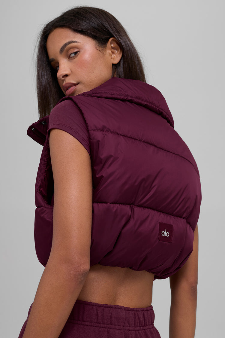 Alo Yoga Cropped Gold Rush Puffer Vest Burgundy